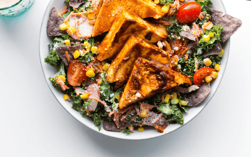 BBQ Tofu Corn Kale Salad with Creamy Silken Tofu Ranch Dressing